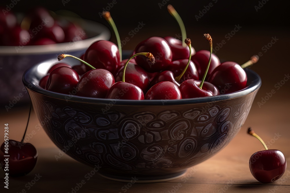 Large ripe juicy tasty cherries in a ceramic bowl on the table made with generative AI Large ripe juicy tasty cherries in a ceramic bowl on the table made with generative AI