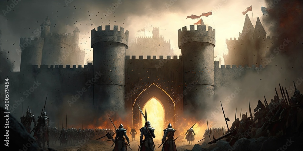 Storming of medieval castle fortress siege of city chaos. Generative AI ...