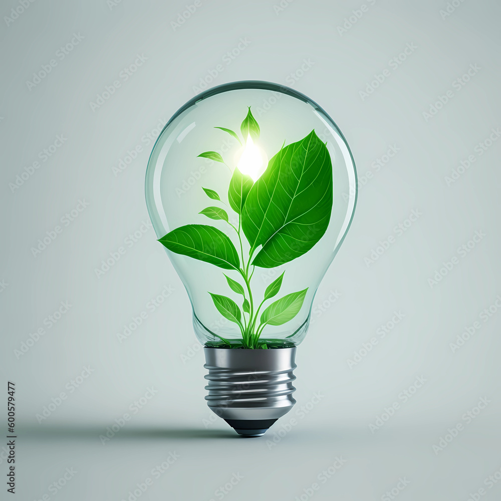Eco friendly light bulb made from fresh leaves, concept of renewable energy and sustainable living - Generative AI Eco friendly light bulb made from fresh leaves, concept of renewable energy and sustainable living - Generative AI