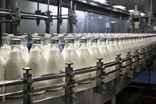 Dairy plant, production factory line glass bottling milk. Ai generative.