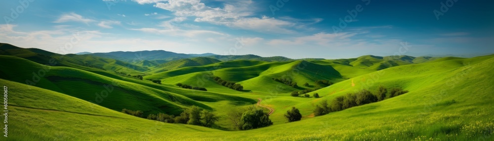 Fototapeta premium Rolling green hills and a bright blue sky. Horizontal banner. AI generated