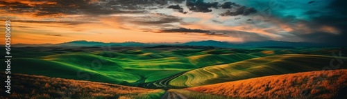 Rolling hills against a vivid sky. Horizontal banner. AI generated © ArtStage