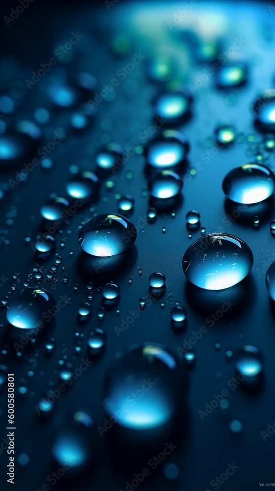 A background with water droplets on blue. Generative AI. 