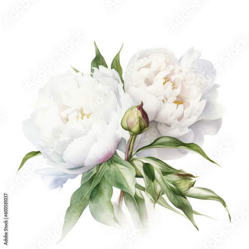 Composition of White Watercolor Peonies.