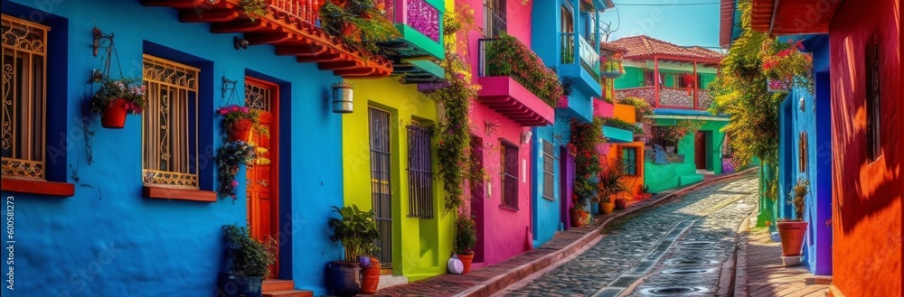 Vibrant and colorful street full of life. Horizontal banner. AI generated