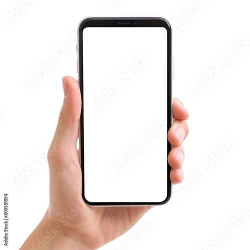 Hand holding a smartphone. Transparent mobile screen mockup. No background.