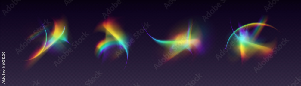Fototapeta premium Crystal refraction overlay, leak flare, rainbow sunlight effect, holographic reflections isolated on a black background. Blurred optical rays, vintage camera glares. Vector illustration.