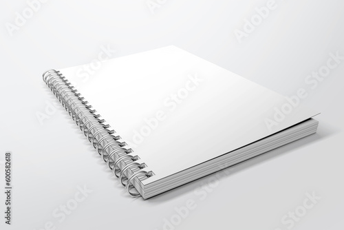Blank spiral notebook template. Isometric view, on white background. Realistic mockups. For your mockups. 3D illustration, 3D rendering.