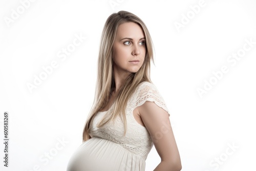 Beautiful pregnant woman standing on white background. Ai generative.
