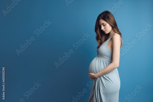 Beautiful pregnant woman standing on blue background. Ai generative. photo