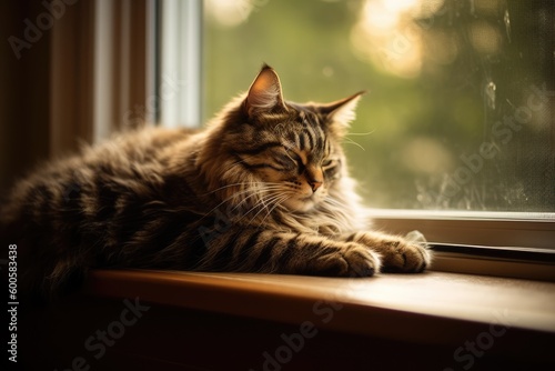 cozy cat sleeping on the window sill Generative AI