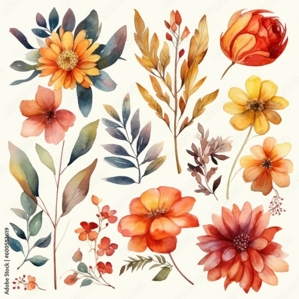A group of watercolor flowers on a white background. Generative AI. A group of watercolor flowers on a white background. Generative AI.