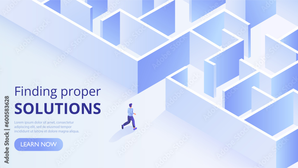 Proper solution banner. Man near maze, businessman looking for solution to problem. Young guy near entrance in labyrinth. Landing page design. Cartoon isometric vector illustration Proper solution banner. Man near maze, businessman looking for solution to problem. Young guy near entrance in labyrinth. Landing page design. Cartoon isometric vector illustration