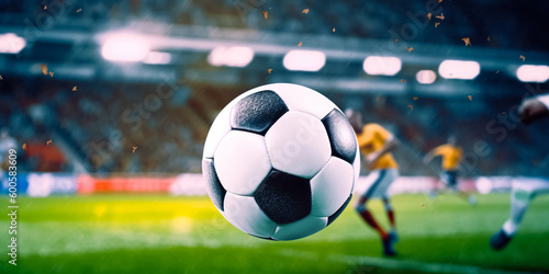 Close up of a soccer striker ready to kicks the ball in the football goal. Soccer scene at night match with player kicking the ball with power photo