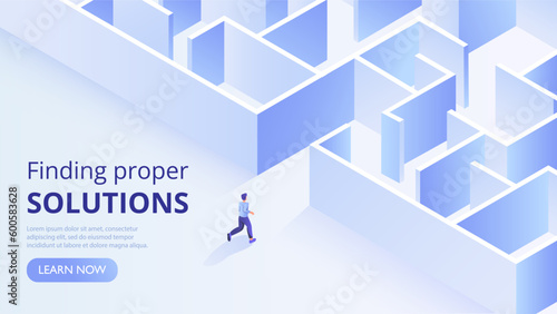 Proper solution banner. Man near maze, businessman looking for solution to problem. Young guy near entrance in labyrinth. Landing page design. Cartoon isometric vector illustration