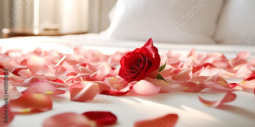 Fototapeta Naklejka Na Ścianę i Meble -  Rose on the bed in the hotel rooms. Rose and her petals on the bed for a romantic evening. honeymoon concept