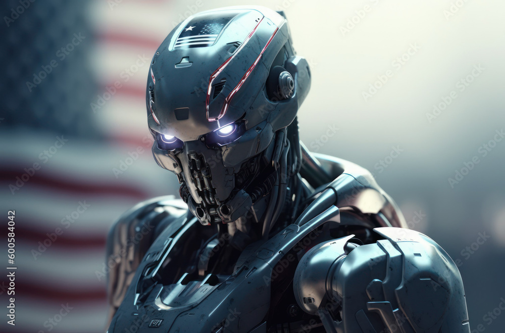 A robot with artificial intelligence on neural networks on a blurred background of the US flag. AI generated A robot with artificial intelligence on neural networks on a blurred background of the US flag. AI generated