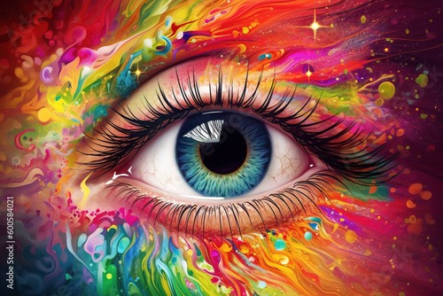 Generative AI. Crop of female eye with colorful make up. Beautiful fashion model with creative art makeup. Abstract colourful splash make-up. Holi festival
