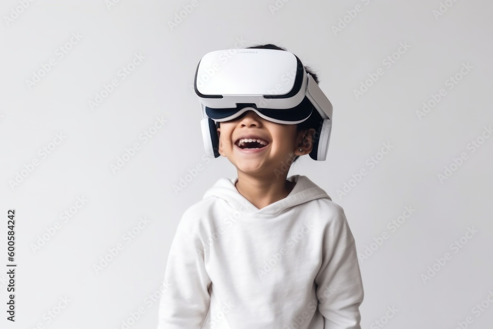 Girl child in virtual reality glasses. VR concept. AI generated, human enhanced Girl child in virtual reality glasses. VR concept. AI generated, human enhanced
