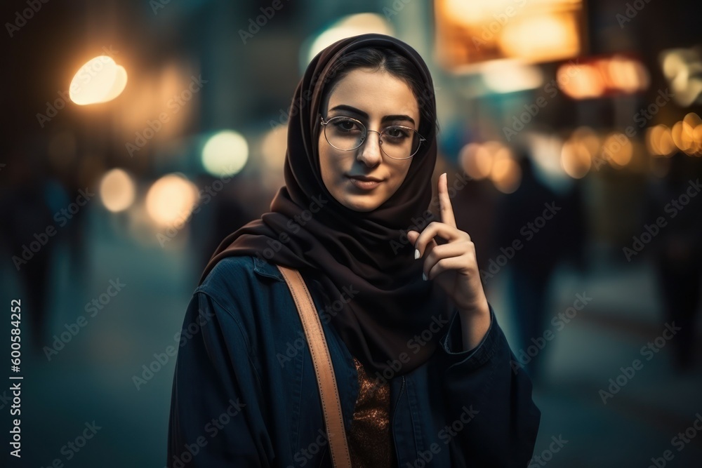 Lifestyle outdoors portrait of a young beautiful Arab woman in a veil. AI generated, human enhanced
