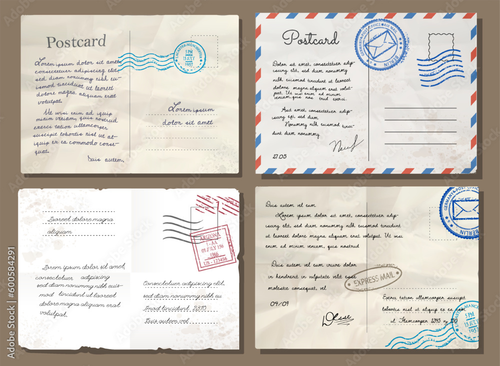 Old letters set. Collection of envelopes with text and postage stamps. International communication and business correspondence. Realistic 3D vector illustrations isolated on brown background