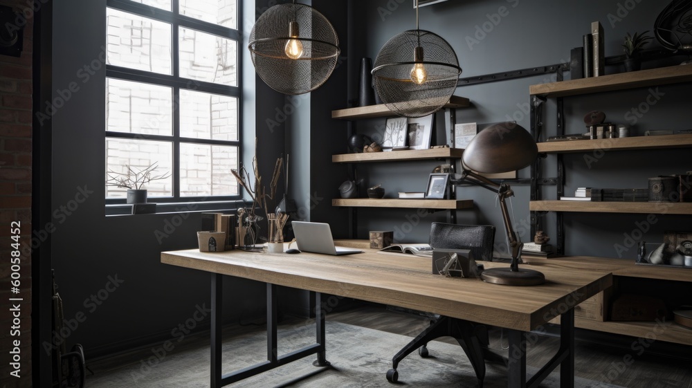 View of Interior design of Home Office in Industrial style with Exposed brick ...