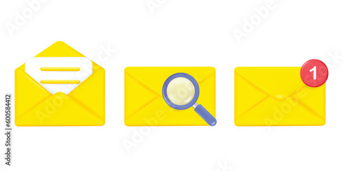 3D envelope with red notifications floating elements. Alert for message icon ,e-mail, texting and letter in background.