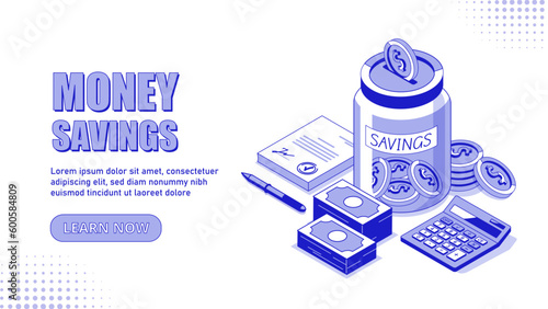 Money savings concept. Gold coin and banknotes near jar. Financial literacy and passive income. Budgeting and planning, business processes. Cartoon isometric vector illustration