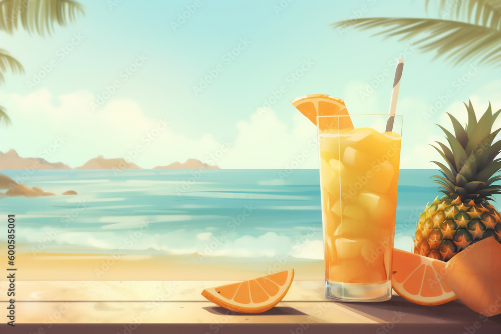 Obraz premium Generative AI illustration of a lemonade summer fruit juice into a tropical beach resort.