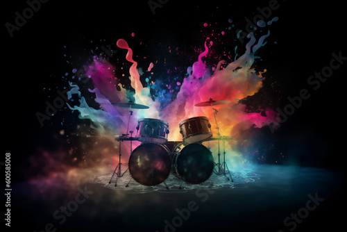 Music drums with a rainbow paint splashing on it on a black background. Stylish creative colors. Generative AI.