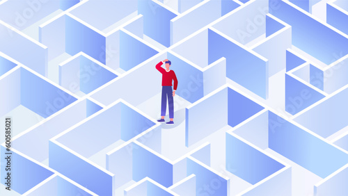 Man in maze concept. Young guy trying to solve problem or puzzle, riddle. Businessman standing at labyrinth and thinking of finding way out. Cartoon isometric vector illustration