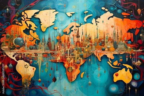 Mapa Świata abstrakcyjny kolorowy akrylowy obraz Generative AI