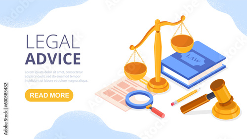 Legal advice concept. Magnifying glass with golden scales and large book. Jurisprudence and legal office. Landing page design. Verdict and judgment. Cartoon isometric vector illustration