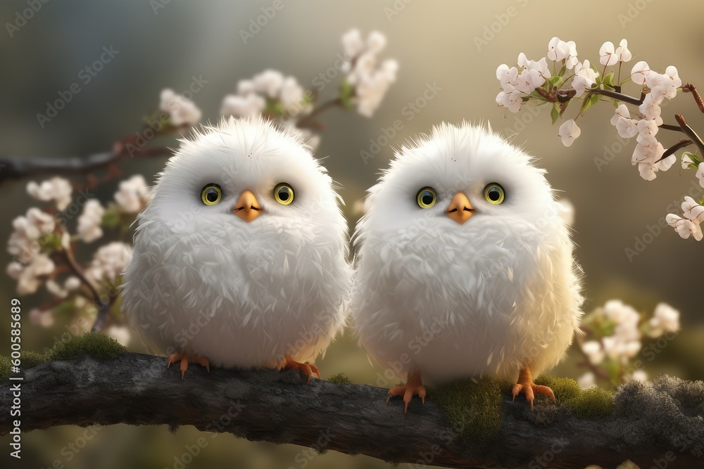 Two fluffy cute snowbird male and female sit on a branch in love, generative ai