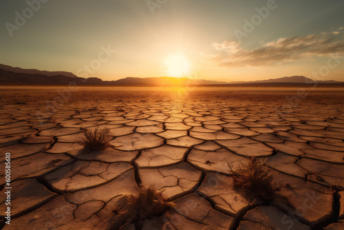Cracked land in a dry lake caused by climate change at sunset. Generative AI.
