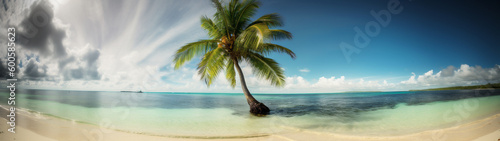 Panoramic view of a Tropical beach paradise with a coconut palm tree ina white sand with blue sky. Generative AI