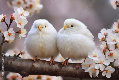 Two fluffy cute snowbird male and female sit on a branch in love, generative ai photo