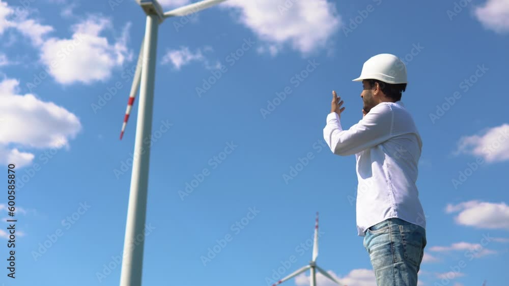 Indian engineer next to a wind farm talking on the phone. Clean renewable energy technologies. Wind power plants Indian engineer next to a wind farm talking on the phone. Clean renewable energy technologies. Wind power plants