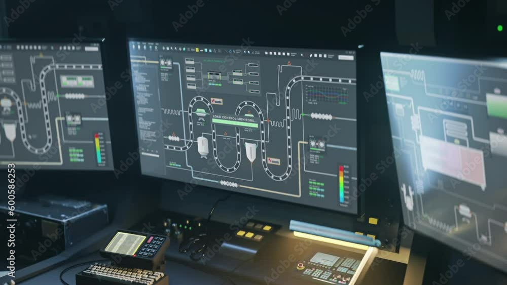 Industrial production software controlling the machinery at the plant. Industrial software displays the production process on the monitors. Industrial software control panel managing production line. Industrial production software controlling the machinery at the plant. Industrial software displays the production process on the monitors. Industrial software control panel managing production line.