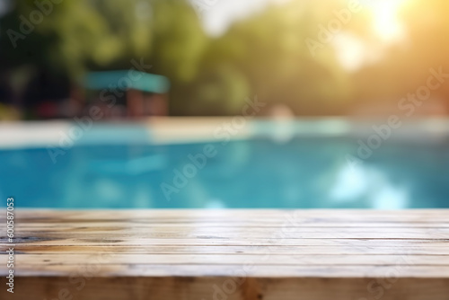 Blurred background of swimming pool with empty wooden table,  IA generativa © Gabriela