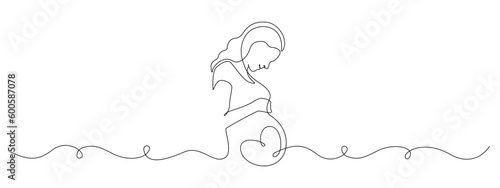 Beautiful pregnant Woman in one continuous line drawing. Healthy pregnancy and birth baby symbol in simple linear style. Concept for Happy Mother day banner. Editable stroke. Vector illustration
