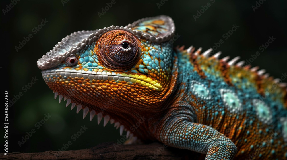 Beautiful of chameleon on branch. chameleon isolated on dark background. AI Generative