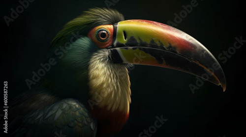 Keel-billed Toucan, bird with big bill sitting on branch in the forest. AI Generative