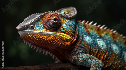Beautiful of chameleon on branch. chameleon isolated on dark background. AI Generative