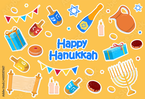 Hanukkah stickers set. Collection of graphic elements for website. Donut, alcohol and wooden sticks with traditional Jewish symbol. Cartoon flat vector illustrations isolated on yellow background