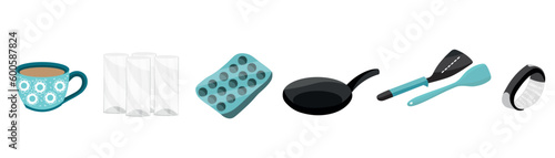 Set of kitchen accessories on white background