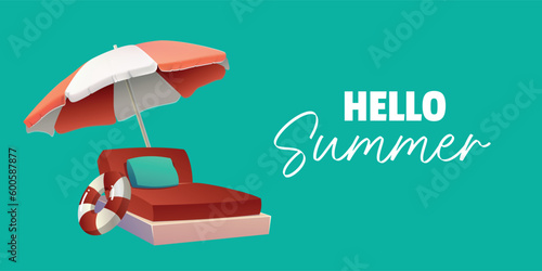 Fotografija Banner with text HELLO SUMMER, drawn chaise lounge and beach umbrella