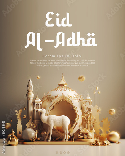 Eid Al Adha Poster Concept with Goat and Mosque Background. AI Generative Image photo