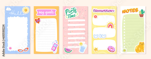 Daily planners set. Collection of sheets with stickers. To do list and organizer, place for notes. My goals, notes and party time. Cartoon flat vector illustrations isolated on white background