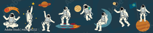 Set of astronauts on blue background